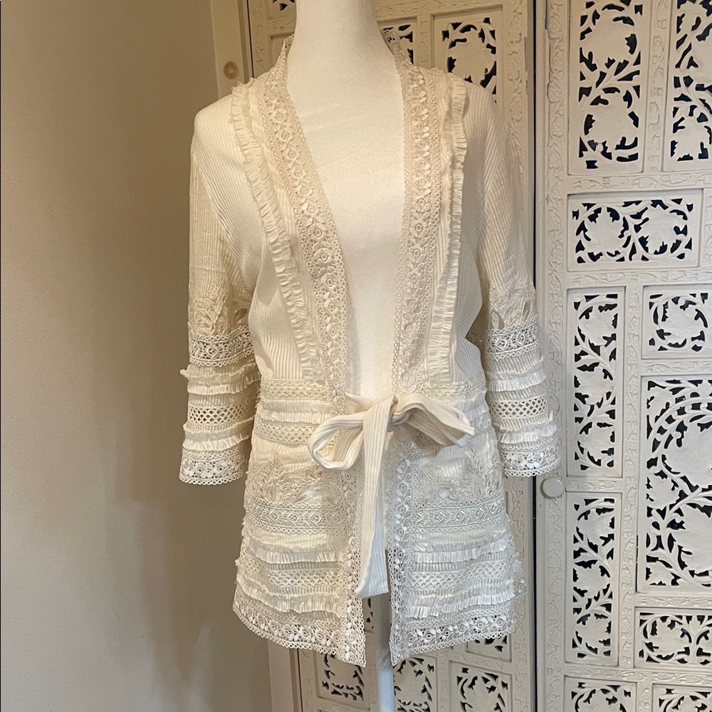 Women's Cream Lace-Trim Tie-Waist Jacket